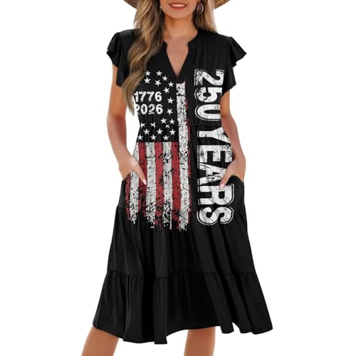 Image of Womens Summer Dress Ruffle Sleeve V Neck Dress Casual Fit Flowy Beach Vacation Sundress with Pocket S-2XL