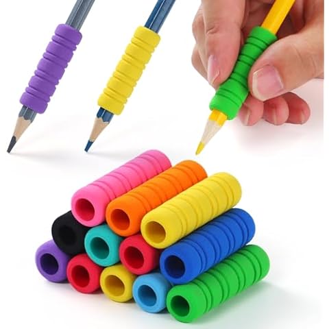 OSteed 50 Pcs Pencil Grips for Kids and Adults Handwriting, Comfort Pencil Grippers for Writing Aid, Mechanical Pencil Holder Cushion with 8 Grooves, Foam Finger Grips, 10 Colors Cover