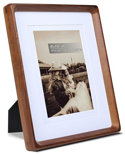 Image of 8x10 Picture Frame with Mat for 5x7 /6x8, USA-Sourced Natural Walnut Wood Handcrafted Rounded Corner with Real Glass, Vertical or Horizontal Display Photo Gallery Wall & Tabletop Frame