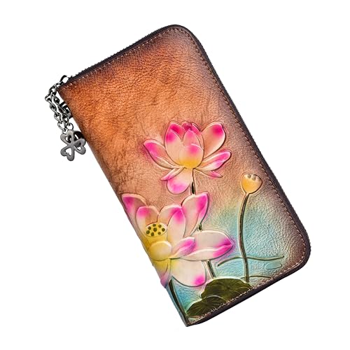 Image of Wallet Genuine Leather for Women - with RFID Blocking Card checkbook ID Slot Large Capacity Vintage style (lotus brown)