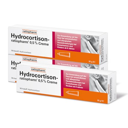 Hydrocortison-ratiopharm® 0,5% Creme bei allergischen und entzündlichen Hautirritationen, Juckreiz, sonnenbeanspruchter Haut und Insektenstichen. 3 x 30 g Creme im Sparset