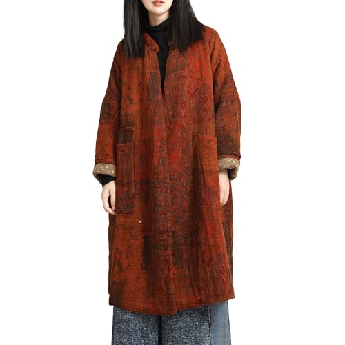 LUZU JUNU Coffee Floral Women's Cotton Padded Kimono Jacket - Cozy, Chic, and Perfect for Any Season!