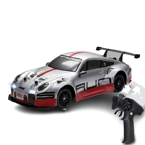 Image of FLYTEK RC Drift Car 1:24 Scale, 4WD High-Speed Racing Car with LED Lights, 2.4GHz Controller, Rechargeable Batteries, Drifting Tyres, Grey and Red