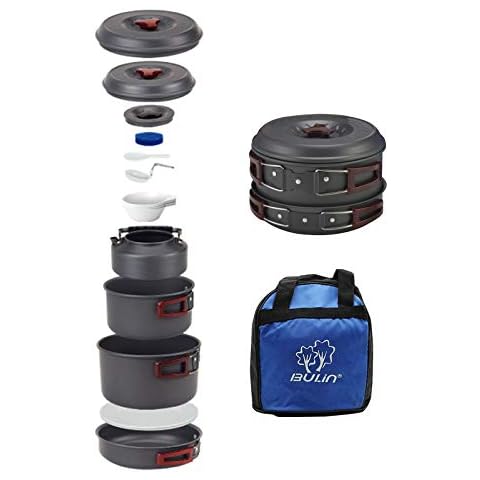 Bulin Camping Cookware Mess kit, Backpack Portable Campfire Cooking Pots Pans Kettle Set, Durable Lightweight Aluminum Cook Gear for Open Fire Hiking, Outdoor, Picnic (BPA Free Bowls, Plates) Cover