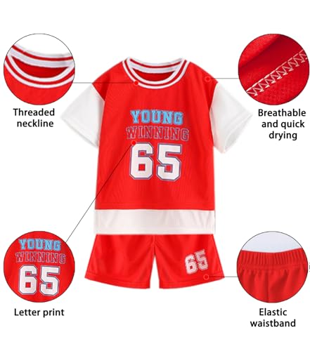 Image of SANGTREE Boys Quick Dry Athletic Short Sleeve T-shirt and Shorts Set, 65# Red+White, 6-7 Years = Tag 130