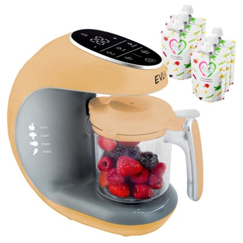 Image of EVLA'S Baby Food Maker, Steamer, Blender, Baby Food Processor for Healthy Homemade Baby Food in Minutes, Touch Screen with 6 Reusable Food Pouches, Baby Registry Essential, Peach