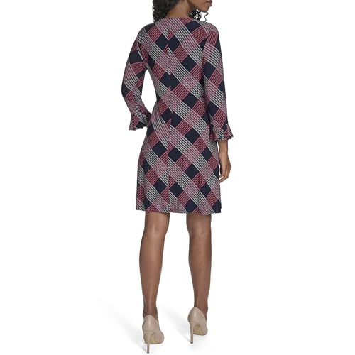 Image of Tommy Hilfiger Women's 3 /4 Ruffle Trim Sleeve Round Neck Jersey Shift Mini Dress
