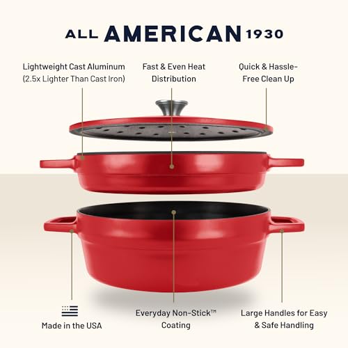 Image of All American 1930 - Dutch Oven - The Complete Set, Tomato Red - 7.75qt Capacity - Ideal for Family Meals & Versatile Cooking - Non Stick & PFAS Free - Made in the USA