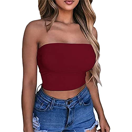 Camiseta de tirantes de moda para mujer 2025, sexy, color liso, top corto sin tirantes – sin espalda – Camiseta de tirantes A Little Bit Dramatic – Corte ajustado – Top largo, burdeos, XL, granate, XL