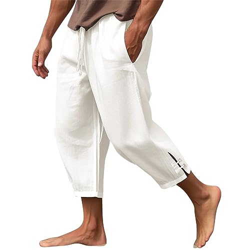 CHUNOTU - Pantalones cortos de algodón y lino para hombre, pantalones capri de 3/4 de longitud, estilo étnico, para verano, playa, yoga, elásticos, por debajo de la rodilla, Z01-blanco, 3XL