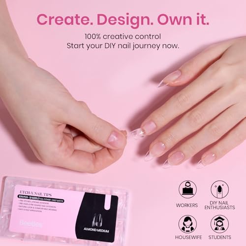 Image of Beetles Medium Almond Nail Tips 576pcs 12 Sizes, Pre-Etched Soft Gel Tips Half Matte Full Cover Press on False Nail Tips Clear Acrylic Nails DIY Extension Gift for Women