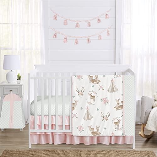 Image of Sweet Jojo Designs 4-Piece Baby Crib Bedding Set (Woodland Deer Floral) for Girls, Infants/Nursery incl. Blanket, Fitted Sheet, Skirt, Diaper Stacker (Boho, Bohemian, Watercolor, Pink, Mint Green)