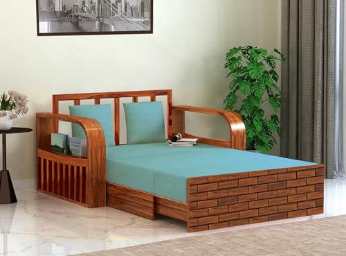 Image of APRODZ Solid Sheesham Wood Sofa Cum Bed 2 Seater Velevt Fabric with Turquoise Upholstery & Cushion Perfect Sofa Furniture for Home Living Office Room and Guests (Honey Finish 75x51x30-Inch)