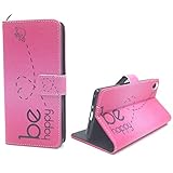 König Design Handyhülle Kompatibel mit Sony Xperia XA Handytasche Schutzhülle Tasche Flip Case mit Kreditkartenfächern - Be Happy Design Pink