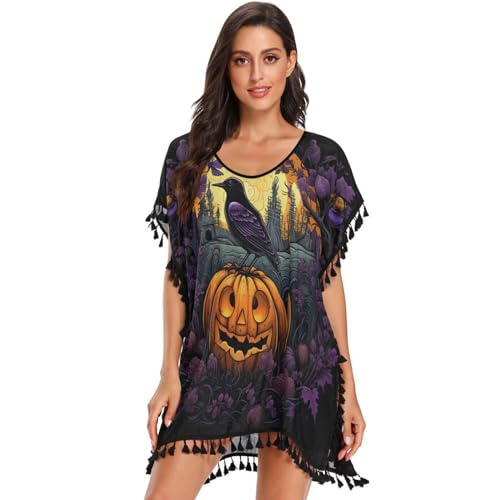 Halloween Pumpkin Purple Bird Women's Beach Cover Up Chiffon Tassel Swimwear Swimsuit Coverups for Girl