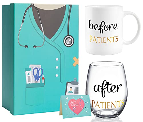 Before Patients After Patients Set Gift Package 11 oz Coffee Mug and 18 Stemless Wine Glass Idea for Dentist,Hygienist, Physician, Doctors Unique Nurse Day Graduation Gifts with Gift Card by REZIPO - Used condition - CA$22.79