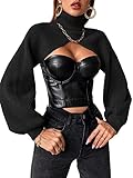 GORGLITTER Women's Lantern Long Sleeve Shrug Sweater Bolero High Neck Soild Knit Cardigan Crop Top Black Large