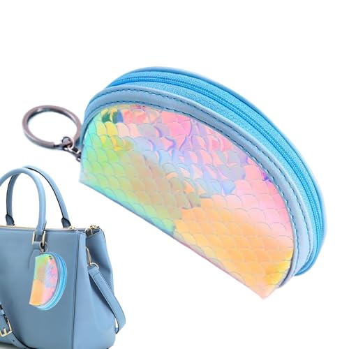 Monedero, con llavero, monedero, con cremallera, bolsa de almacenamiento portátil con diseño de arcoíris, para mujeres y niñas en actividades al aire libre, vacaciones familiares y vacaciones, azul