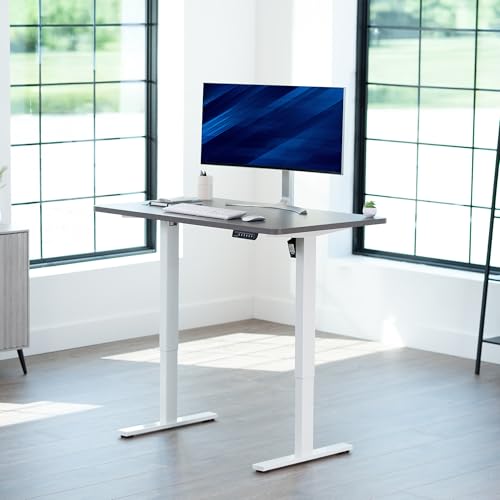 Image of VIVO Dark Gray 48 x 30 in Standing Desk, DESK-KIT-1W5G | Electric, Holds 220 lbs, Sit Stand, Height Adjustable, One-Piece Extra Deep Table Top, Memory Presets, 1B Series, White Frame