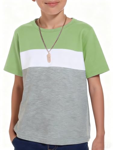 Haloumoning Boys Short Sleeve Shirts Kids Fashion Tops Crewneck Color Block Tees 5-14Y Light Green