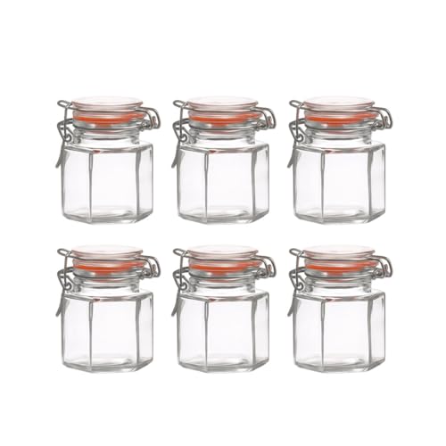 WDMT Set di 6 vasetti esagonali in vetro, 100 ml, ermetici con chiusura a leva, riutilizzabili per erbe, miele e barattoli per conserve, Ø 5 x 7,5 cm, trasparente
