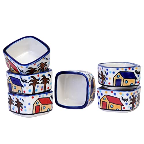 Image of Freakway Handpainted 6 Dips of Hut Ceramic Dip Bowl /Chutney Bowl /Pickle Bowl /Sauce Serving Bowl Set (50 ML, Small, 6-Pieces, Multicolour, Cartoon Shape Square)