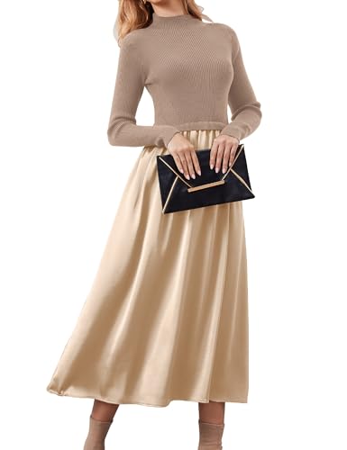 Women Long Sleeve Sweater Maxi Dress Patchwork Slim Fit Flowy Long Dresses Casual A-Line Knit High Neck Dress Fall