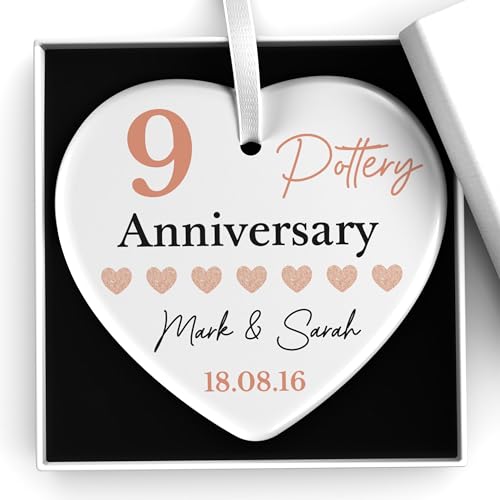 Beecreative Personalised 9th Wedding Anniversary Gifts - Pottery Wedding Anniversary - For Husband, Wife, Him, Her - 9 Years Wedding Anniversary Together - Ceramic Ornament With Gift Box