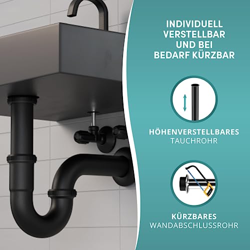 Engelbach® Universal Tauchrohr für Siphon 200mm - Verlängerung für Designsiphon, Röhrensiphon, Tassensiphon 1 1/4 Zoll x 32mm, Matt schwarz