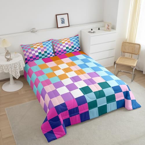 Image of Feelyou Multicolored Checkered Retro Bedding Set Kids Boys Girls Geometric Vintage Comforter Set King Size Rainbow Colorful Duvet Insert Modern Simple Groovy Aesthetic Room Decor