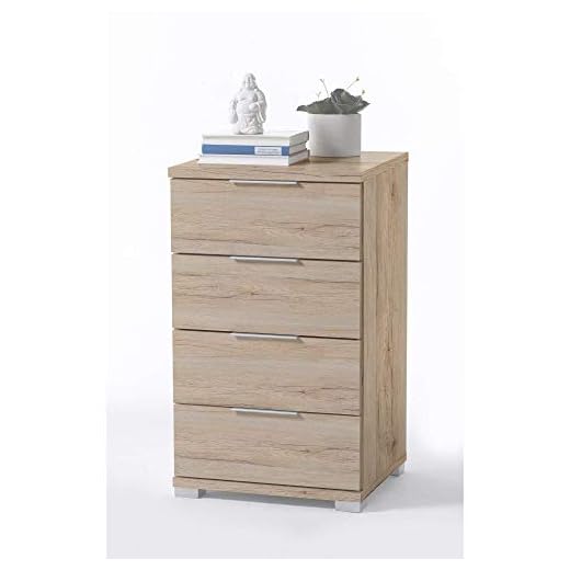 Stella Trading Universal Nachttisch in Eiche San Remo Hell Optik - Moderner Nachtschrank mit vier Schubladen für Ihr Boxspringbett - 46 x 79 x 42 cm (B/H/T)