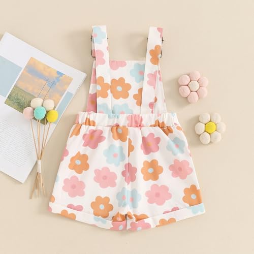Image of Ayalinggo Toddler Baby Girl Sunflower Print Overalls Shorts with Pocket Suspender Trousers Cute Summer Clothing Outfit