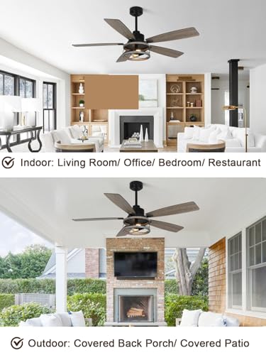 Image of 52 Inch Farmhouse Ceiling Fan with Lights Remote Rustic Fandelier Ceiling Fan Wood Caged Chandelier, 5 Dual Blades, Reversible Quiet DC Motor 6 Speeds for Bedroom Patio