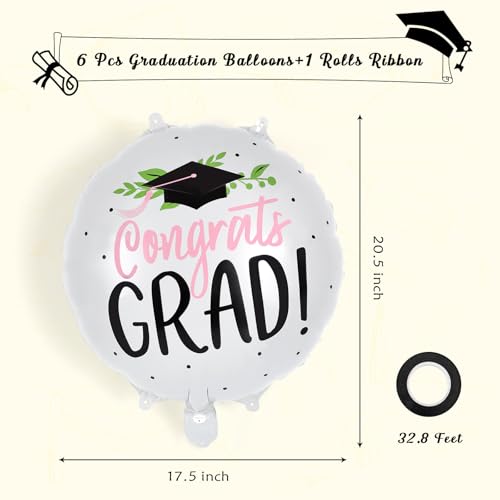 Image of 6 Pcs Graduation Balloons, White Graduation Cap Foil Balloons, Congrats Grad Mylar Balloons for Class of 2026 Graduations Party Decorations