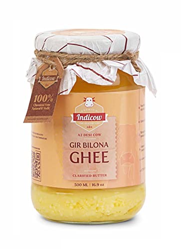 Indicow Farms A2 Cow Ghee/Clarified Butter | Hand Churned, Bilona | Organic Grass fed Ghee | Keto and Paleo friendly (A2 GIR Cows Bilona, 500ml/16.9oz)