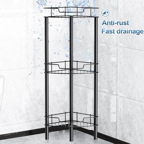 Image of Detukna Corner Shower Caddy, 3 Tier Shower Organizer Shelf for Inside Shower, Stainless Steel Floor Corner Shower Bathroom Shelves Stand Rack for Bathroom Balcony Kitchen, No Drilling, Black