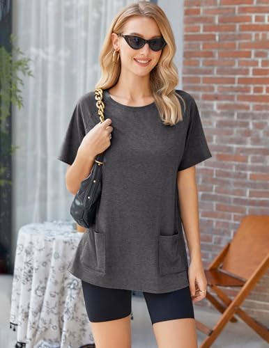 Image of Ekouaer Two Piece Sets for Women Summer Outfits 2026 Lounge Set Crew Neck Tshirts Biker Short Sweatsuit with Pocket