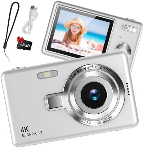 Digitale camera, FHD, 1080P, 44MP, met 32G, 16X, digitale zoomkaart met batterij, eenvoudige draagbare digitale camera voor kinderen, studenten, tieners, beginners, ouderen (zwart