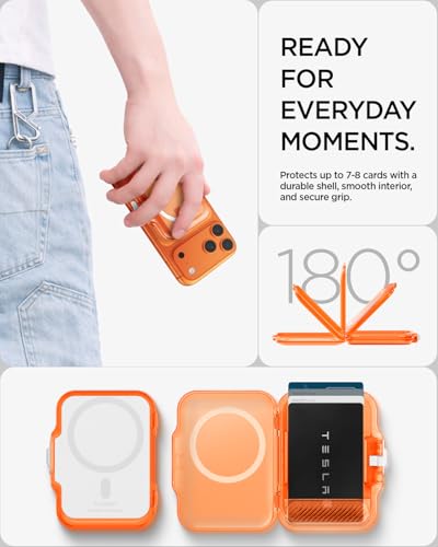Image of Spigen Tintap (MagFit+) MagSafe Card Holder up to 6 Cards, Hard Shell Magnetic Wallet Case Compatible with iPhone 17 /16 /15 /14 /13 /12 Models, Pixel 10 Series - Frost Clear Orange