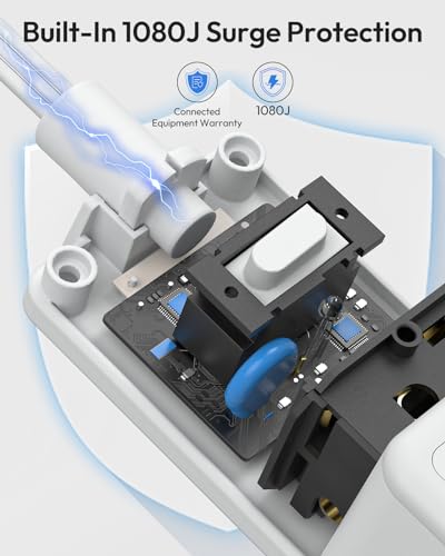 NTONPOWER Power Strip Protector contra Sobretensión 1080J, Extensión de 10 pies con 6 Tomas Amplias y 3 Puertos USB (1 USB C) miniatura 2