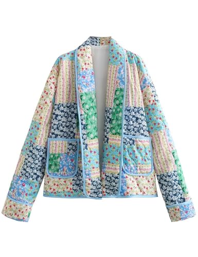Flygo Womens Cropped Puffer Jacket Floral Print Quilted Coat Lightweight Warm Padded Down Jackets