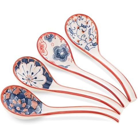 WHJY Asian Soup Spoon, Ceramic Ramen Spoon, Ramen Soup Spoon, Chinese Ceramic Spoons, Miso Soup Spoons Dumpling - Set of 4 Flora Cover
