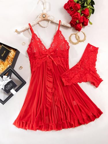 Image of Foxiny Sexy Ruffle Sheer Mesh Lace Wireless Babydoll Lingerie Dress with Thong 2 Piece