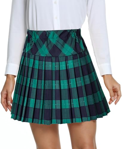 EXCHIC Femmes L'école Style A Ligne Elasticité Taille Haute Mini Plissée Jupe Plaid Ecossaise Kilt avec Pantalons(M, 5-Vert)