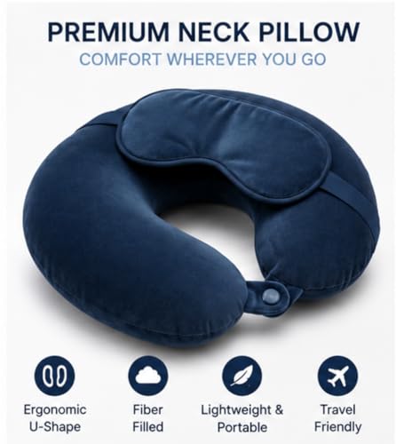 Image of Travel Neck Pillow for Adults, Fiber Filled U-Shaped Neck Support Pillow with Button Closure, Soft Plush Neck Cushion for Airplane, Car, Office & Travel (Light Blue)