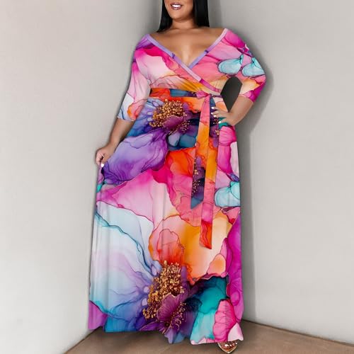 Image of SUZONANA Plus Size Maxi Dresses for Curcy Women Casual Loose 3 /4 Sleeve Long Dress with Belt
