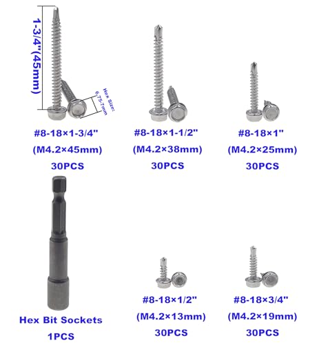 Kit de tornillos autoperforantes hexagonales, acero inoxidable, 150 piezas miniatura 3