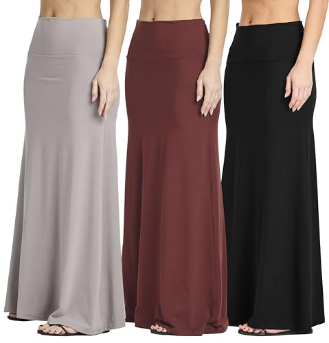 Real Essentials 3 Pack: Women's Ultra-Soft Flowy Maxi High Waisted Long Skirts (Available in Plus Size)
