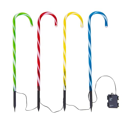 Christmas Village Multi-Coloured Outdoor Christmas Candy Cane Decorations | 63cm Tall Stake 4 Pack | 40 LED Light Bulbs