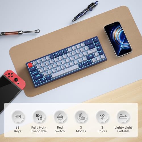 XISOGUU Wireless 61% Mechanical Keyboard, Modes BT5.0/2.4G/Wired, Backlit Ultra-Compact 68Keys Gaming Keyboard with Stand-Alone Arrow/Control Keys (Blue Switch) - Thumbnail 2